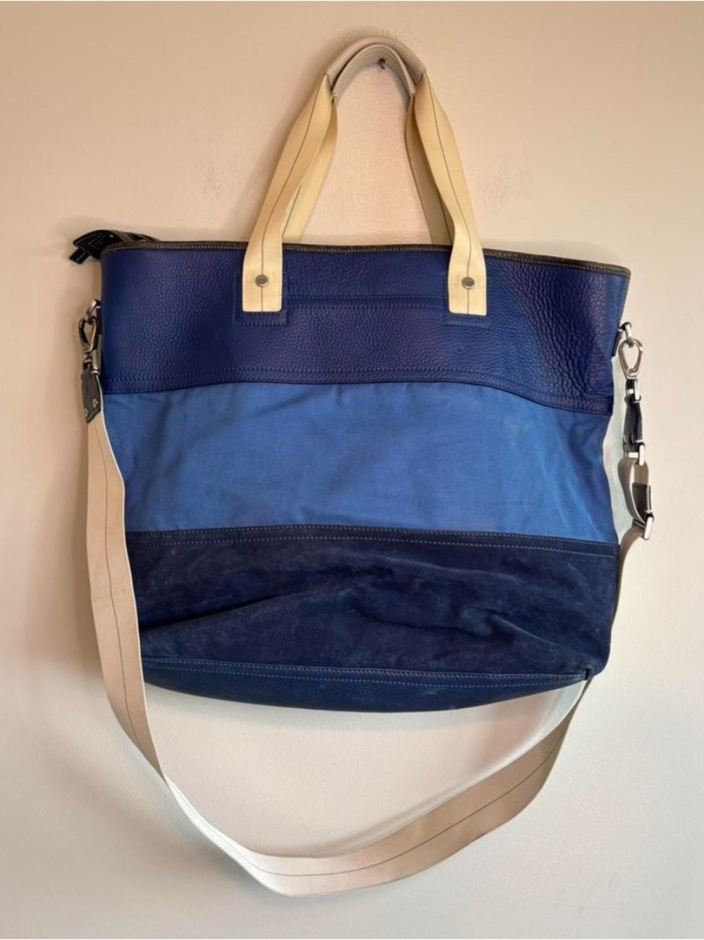 Vintage Y2K Coach Blue Colorblock Leather & Suede Tote with Cream Handles